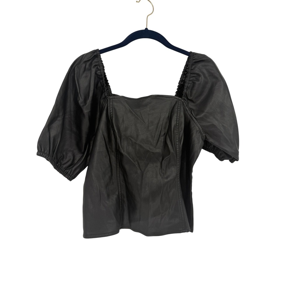 Marc New York by Andrew Marc Black Faux Leather Puff Sleeve Zip Back Top Size M